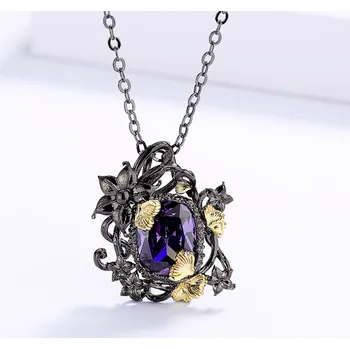 Náhrdelník B-TOP Dámský černý náhrdelník s ametystem a zlatými lístky