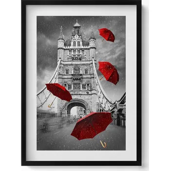 Obraz Obraz grafika v černém rámu Červené deštníky na mostě Londýn 50x70 cm