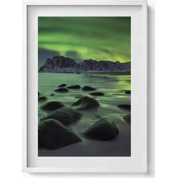 Obraz Závěsný obraz rámeček bílé barvy Polární záře - zelená krajina 50x70 cm