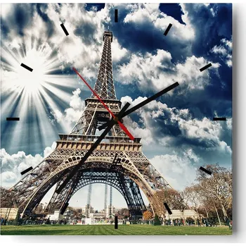 Hodiny Velké nástěnné hodiny 40x40 cm Věž Paříž Skleněné hodiny Tiché