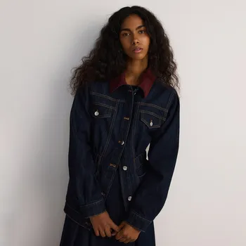 Dámský kabát Reserved - Džínová bunda s kontrastním límcem - tmavomodrá - 9270H-59J - 9270H-59J-M