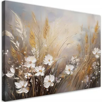 Obraz Obraz na plátně, Polní květy trávy Boho Béžová 90x60