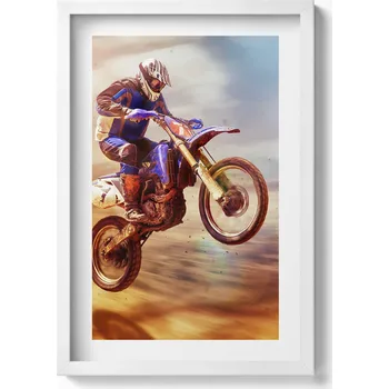 Obraz Dekorativní obraz v bílém rámu do obýváku Motocyklista v poušti 40x60 cm