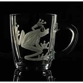 Hrnek skleněný na čaj 300ml s rytinou žabky - ručně ryté (broušené), dárková krabička