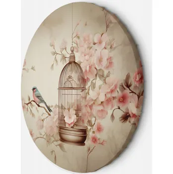 Obraz OBRAZ KULATÝ Pták na větvi a klec vintage NA ZEĎ 40x40