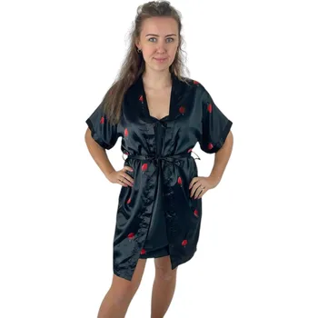 Dámská noční košile VÝPRODEJ - Saténová noční košilka se županem - ČERNÁ s ružičkama