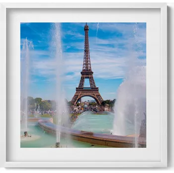Obraz Dekorativní obraz v bílém rámu do obýváku Fontána Eiffelova věž Paříž 50x50 cm