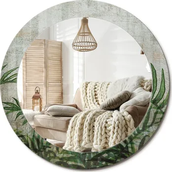 Zrcadlo Zrcadlo s potiskem do koupelny v obývacím pokoji Listy kapradí Průměr 70 cm