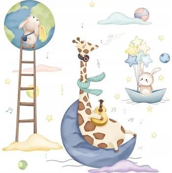 Samolepící dekorace SAMOLEPKY SAMOLEPKA NA STĚNU PRO DĚTI ZVÍŘATA ŽIRAFA KRÁLÍČCI BALÓNKY