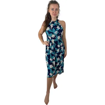 Dámské šaty NOVINKA-Letní šaty s upnutím kolem krku - tyrkysové kytičky