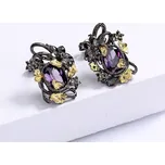 B-TOP Černé puzetové náušnice s ametystem a zlatými lístky