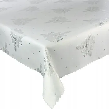 ubrus Oboustranný Vánoční Ubrus Odolný Skvrnám Bílý Stříbrný Zvonky 140x340 cm