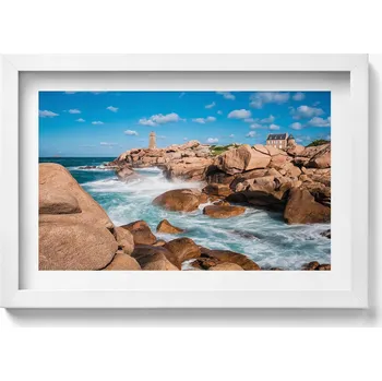 Obraz Dekorativní nástěnný obraz v bílém rámu Voda, skály a maják 30x20 cm