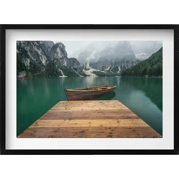 Obraz Elegantní obraz do obýváku Krajina - molo, loďka, jezero, lesy a hory 70x50 cm