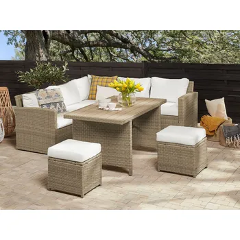 Zahradní sestava Zahradní rohová sedací souprava hnědá umělý ratan s bílými polštáři 5místná obdélníkový stůl a 2 taburety venkovní sada Beliani
