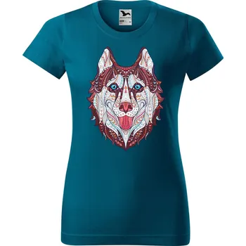 Dámské oblečení DOBRÝ TRIKO Dámské tričko s potiskem Hlava vlka Barva: Petrolejová, Velikost: 2XL