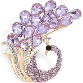 Brož B-TOP Pozlacená brož Páv s fialovými krystaly