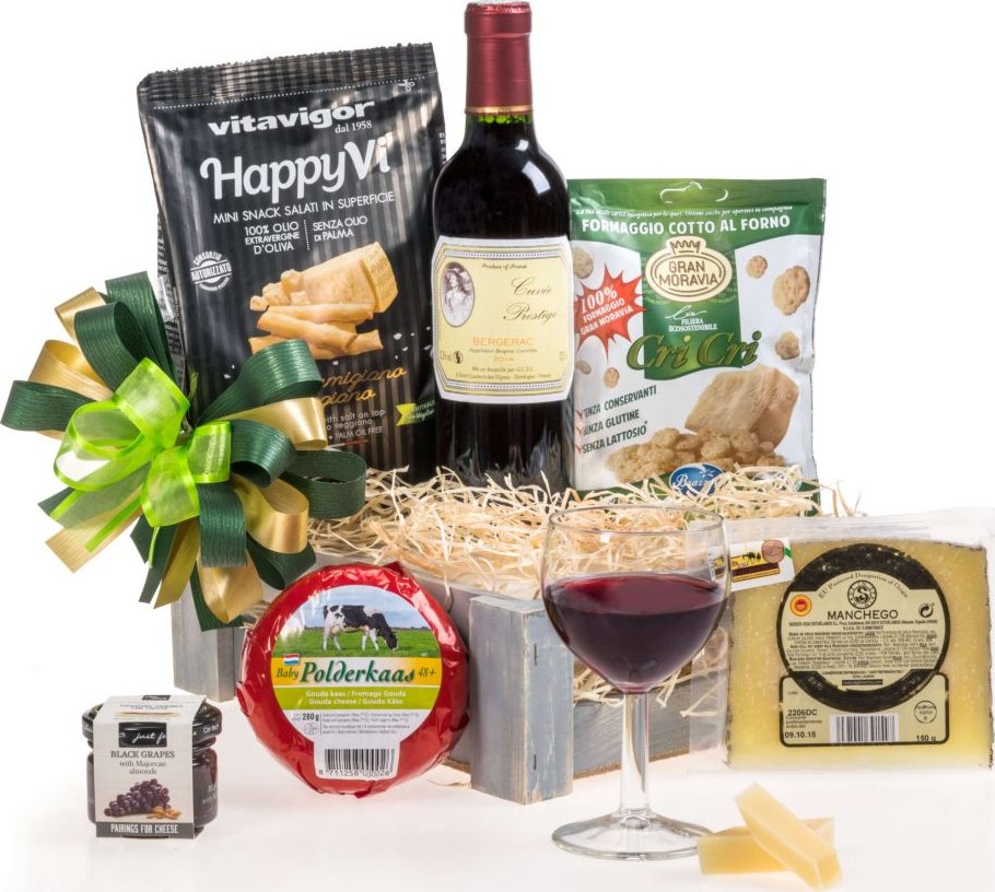 Dárkový koš Sýrová bedýnka s červeným vínem