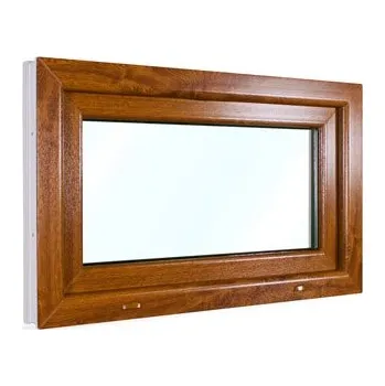 Okno Plastové okno 90x55 cm (900x550 mm) | Okno do koupelny či sklepa | Neprůhledné sklo činčila | Bílé zevnitř | Zlatý dub zvenku | Sklopné | Ventilačka | 6 komor | 80 mm