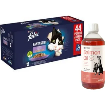 Felix Fantastic s hovězím kuřetem lososem a tuňákem v želé 44 x 85 g + LAB V Lososový olej 500ml
