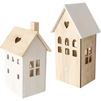 Boltze Home Dekorace s osvětlením, 2 domečky, ALDEA, dřevěná