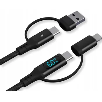 Datový kabel Nabíjecí kabel 4v1 USB-C + Lightning na USB-C + USB-A PD 60W s LCD displejem, 1 m