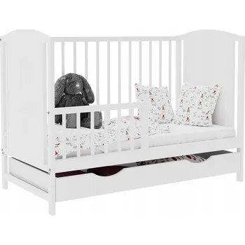 Dětská postýlka Dřevěná postýlka Bobas BAJKA se zásuvkou a zábranou 120x60 cm bílá