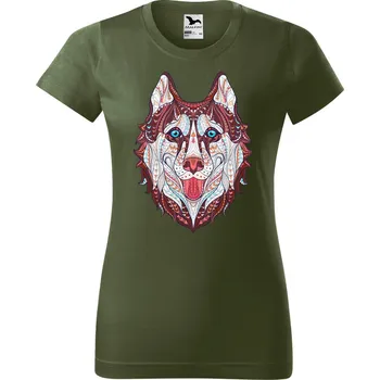 DOBRÝ TRIKO Dámské tričko s potiskem Hlava vlka Barva: Khaki, Velikost: 2XL