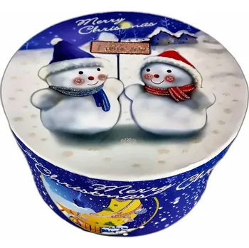 Vánoční dekorace Vánoční kulatá kartonová Krabička 20x12cm - Sněhuláci se třpytkami vzorem