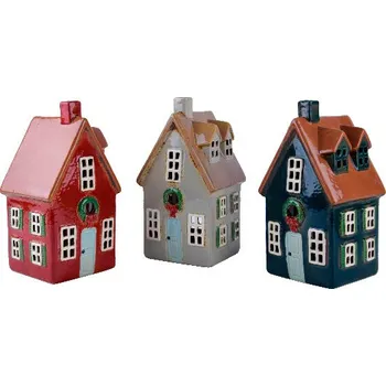 Svícen Ego Dekor Keramický domeček na čajovou svíčku NISSE, svícen DOMEČEK NA NÁMĚSTÍ, barva: červená/šedá/modrá, výška: 23cm|MyScandi - modrá