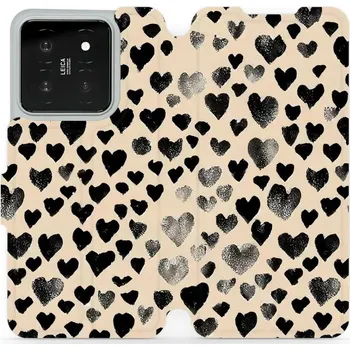 Pouzdro na mobilní telefon Flipové pouzdro Mobiwear - Xiaomi 14 - VA51S Černá srdíčka (Knížkové flip pouzdro, obal, kryt na mobil Xiaomi 14 - VA51S Černá srdíčka, materiál Umělá kůže + TPU - ochrana 360°, stojánek, silikonová vanička, magnetické zavírání)
