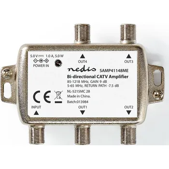 Anténní zesilovač NEDIS Zesilovač CATV | Max. 12 dB Zesílení | 85-1218 MHz | 4 Výstupy | Zpětný Kanál - 7,5 dB | 5-65 MHz | F