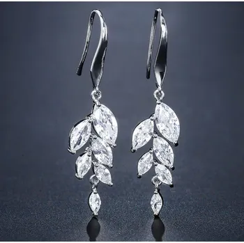 Náušnice B-TOP Elegantní visací náušnice se zirkony Leaf - bílé pozlacení