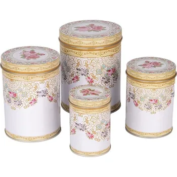 Dóza na potraviny 4ks bílá plechová dóza s růžemi - Ø 11*14 /Ø 9*13 /Ø 8*11 /Ø 6*9 cm