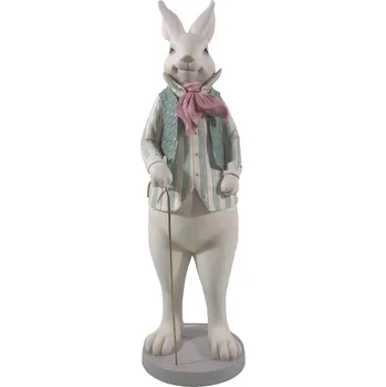 Bílá dekorace socha králík ve vestičce s hůlkou - 17*15*53 cm