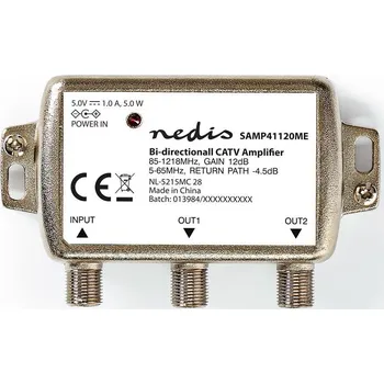 Anténní zesilovač NEDIS Zesilovač CATV | Max. 9 dB Zesílení | 85-1218 MHz | 2 Výstupy | Zpětný Kanál - 4,5 dB | 5-65 MHz | F