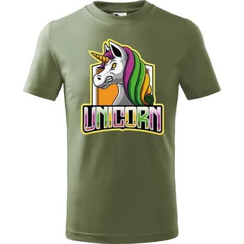 Dětská móda DOBRÝ TRIKO Dětské tričko Naštvaný jednorožec Velikost: 146/10 let, Barva: Khaki