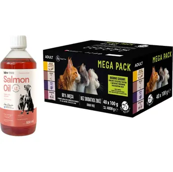 Krmivo pro kočku PetRepublic mokré krmivo pro kočky v jemné omáčce 40x100g + LAB V Lososový olej 500ml