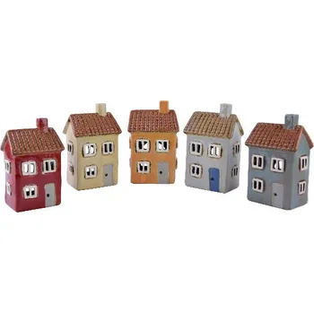 Svícen Ego Dekor Keramický domeček na čajovou svíčku BRAGI, svícen DOMEČEK NA NÁMĚSTÍ, barva: červená/béžová/oranžová/sv.šedá/tm.šedá, výška: 15cm|MyScandi - červená