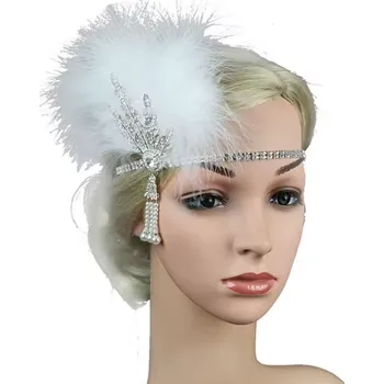 Čelenka B-TOP Vintage krystalová čelenka do vlasů s bílým peřím