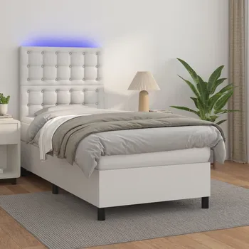 Postel vidaXL Box spring postel s matrací a LED 90x200 cm umělá kůže [3135921] Barva: Bílá