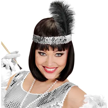 Karnevalový doplněk Dámská čelenka se stříbrnými flitry a peřím, 20. léta