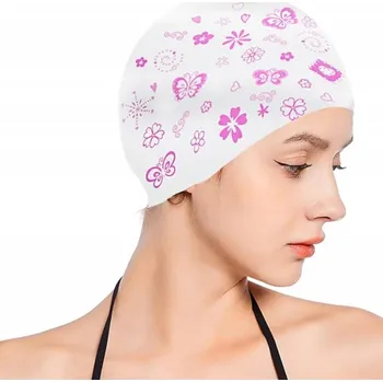 Silikonová koupací čepice s květinami pro ženy na bazén - bílá