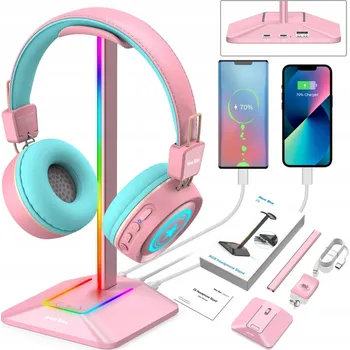 Sluchátka STOJAN NA SLUCHÁTKA NA STŮL STATIV RGB LED PODSVÍCENÍ USB HUB NEW BEE