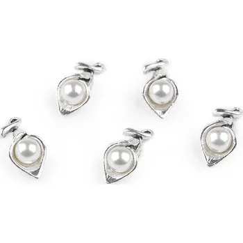Přívěsek Kovový přívěsek / taháček na zip květ s perlou 3D 9x18 mm, barva platina