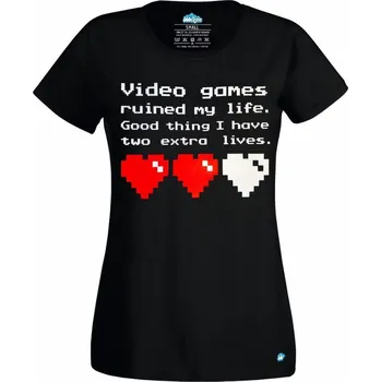 Dámské tričko "Videohry mi zničily život, naštěstí mám ještě dva životy." (Skladem XS-4XL) (Velikost: 4XL, Barva: Černá)
