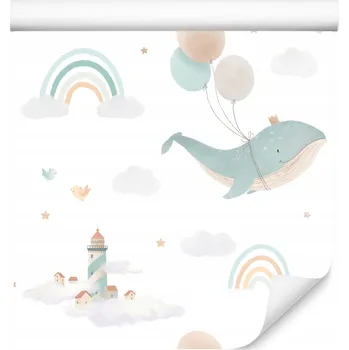 Fototapeta Tapeta do dětského pokoje DUHA Velryby Obláčky Hvězdy Balónky Ptáci