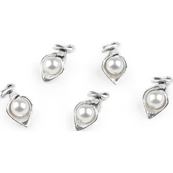 Přívěsek Kovový přívěsek / taháček na zip květ s perlou 3D 9x18 mm, malé, platina