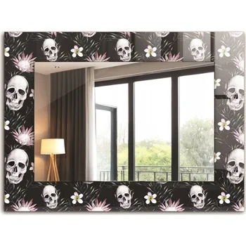 Zrcadlo Moderní Loftové zrcadlo závěsné s potiskem XXL 80x60 cm Lebky a květiny