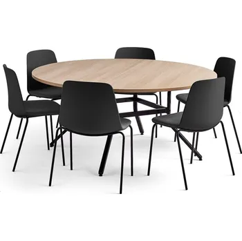 Jídelní set Sestava VARIOUS + LANGFORD, stůl Ø1600x740 mm, dub + 6 židlí, černá/antracitově šedá